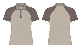 Two tone Khaki color Short Sleeve Raglan Polo Shirt Technical Fashion flat sketch Vector illustration template front and back views.