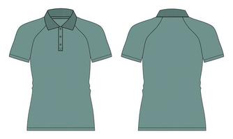 Camiseta polo raglán de manga corta técnica moda boceto plano ilustración vectorial plantilla de color verde vistas frontal y posterior. vector