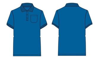 Short sleeve polo shirt Technical fashion flat sketch vector illustration Blue Color  template Front and back views. Apparel Design Mock up. Easy edit and customizable