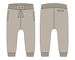 Fleece cotton jersey basic Sweat pant technical fashion flat sketch Khaki Color template front and back views. Apparel jogger pants vector illustration mock up for kids and boys.
