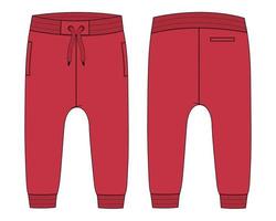 Fleece cotton jersey basic Sweat pant technical fashion flat sketch Red Color template front and back views. Apparel jogger pants vector illustration mock up for kids and boys.