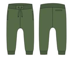 Fleece cotton jersey basic Sweat pant technical fashion flat sketch Green Color template front and back views. Apparel jogger pants vector illustration mock up for kids and boys.