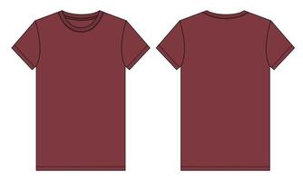 plantilla de color rojo de boceto plano de moda técnica de camiseta de manga corta. ilustración vectorial diseño básico de ropa vista frontal y posterior. edición fácil y personalizable. vector