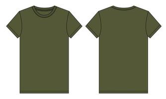 Short sleeve T shirt technical fashion Flat Sketch Green color Template. Vector illustration basic apparel design front and Back view. Easy edit and customizable.