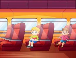 niños felices dentro del transporte subterráneo trenes de metro vector