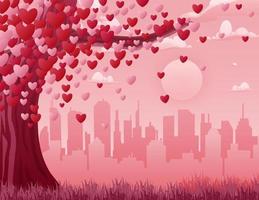 Valentines day background with a heart tree and cityscape vector