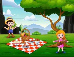 caricatura de un niño y una niña haciendo un picnic juntos en el parque vector