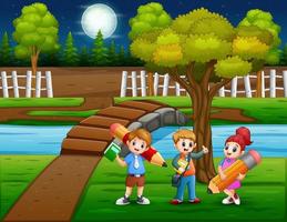 Night scene with school children holding pencil vector