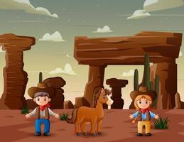 Happy young cowboy and cowgirl with horse in a desert vector