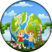 Round frame with two boys clenching their hands vector