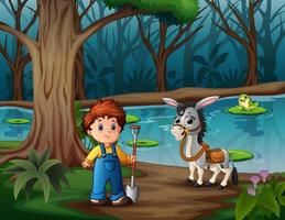 Young farmer and a donkey by the river illustration vector