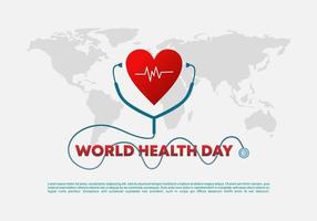 fondo del día mundial de la salud con latidos cardíacos, estetoscopio y mapa mundial vector