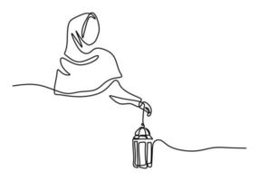 One continuous single line of muslim woman bring lantern vector