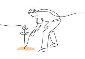 One continuous single line of man planting for go green concept vector