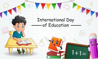 International Education Day with smart boy learning vector