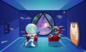 Illustration of astronaut girl and robot in the spaceship vector