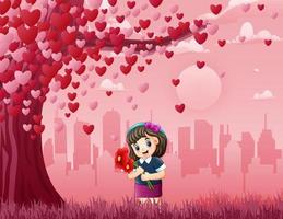 Cartoon cute girl holding flowers under a heart tree vector