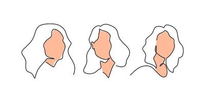 One continuous single line of three woman faces on white background. vector