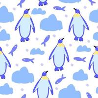 Seamless pattern of cute penguins, fish on pole on white background. vector