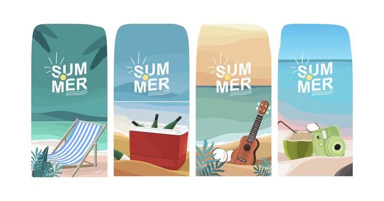 Vector set of social media stories design templates, backgrounds with copy space for text - summer landscape - background for banner, greeting card, poster and advertising - summer vacation concept