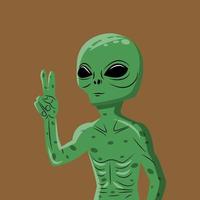 Green Alien hand drawn vector illustration. Martian showing peace sign closeup. Extraterrestrial invasion concept.