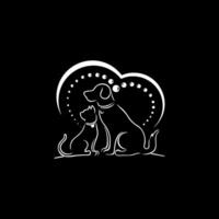 cuidado de gatos y perros. una combinación de ilustraciones de animales, a saber, gatos y perros, y un logotipo de corazón que simboliza el cuidado amoroso vector