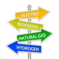 concepto de energía alternativa del vehículo. Palabras eléctricas, biodiesel, gas natural, hidrógeno en poste indicador aislado. ilustración vectorial