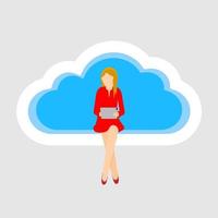 Remote work communication global cloud access. Businesswoman with tablet sitting on a cloud. Flat Vector illustration