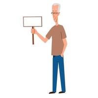 A gray-haired, thin man with a sign for the text in his hand. Vector illustration in a flat cartoon style.