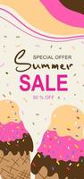 Vector vertical illustration of a summer sale banner for your store, website, and social networks. Layout with ice cream in beige tones.