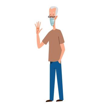 A fashionable man in a medical mask greets. Friendly greeting of an elderly person. vector