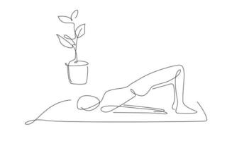 girl takes yoga Bridge Pose. woman makes pilates poses at home. Vector one line illustration