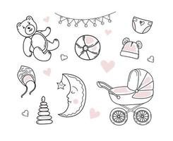 Set of hand drawn baby girl. Cartoon sketch style doodle for icon, banner. Elements little baby clothes. vector