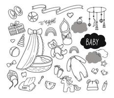 Set of hand drawn baby boy and girl. Cartoon sketch style chalk doodle for icon, banner. vector