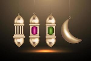 linterna de oro realista y plantilla de media luna aislada. plantilla de adorno de fondo de saludo islámico ramadan kareem con luna creciente dorada 3d realista y linterna colgante. vector