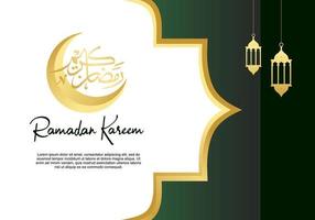 Ramadan kareem greeting card with islamic calligraphy, moon, lanterns vector