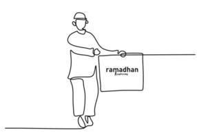 una sola línea continua de niño musulmán trae pancarta de ramadán kareem vector