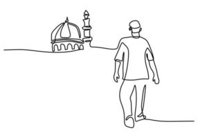 One continuous single line of man going to mosque on white background. vector