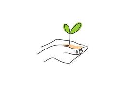 una sola línea continua de mano traer semilla de planta ir concepto verde vector