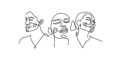One continuous single line of surreal woman faces on white background. vector