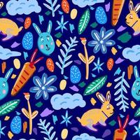 Seamless pattern of easter elements isolated on blue background. vector