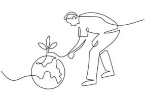 One continuous single line of man keep world for go green concept vector