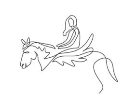 One continuous single line of woman riding flying pegasus vector