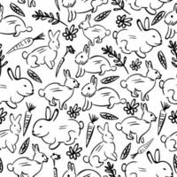 One continuous single line of rabbit carrot and plant seamless pattern vector