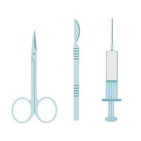 Medical tools set, surgical equipment , scalpel, scissors and syringe. Illustration for printing, backgrounds, covers, packaging, posters and stickers. Isolated on white background. vector
