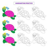 Handwriting practice for kids with cartoon turtle. vector