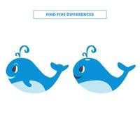 Find five differences between cartoon whales. vector