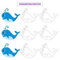 Handwriting practice for kids with cartoon whale. vector