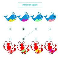 Match cute cartoon whale and shrimp by color. vector