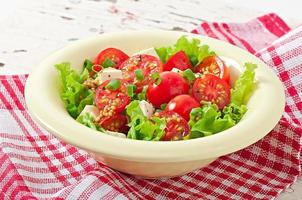 ensalada de tomate con lechuga, queso y mostaza y aderezo de ajo foto